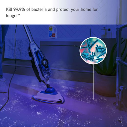 Vax Steam Fresh Total Home CDST-SFXT Steam Mop with up to 15 Minutes Run Time - Navy Blue - Annotation - Kill 99.9% bacteria shot